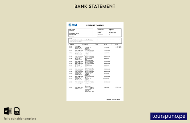 listo para imprimir plantilla de versión en Word del extracto bancario BCA de In